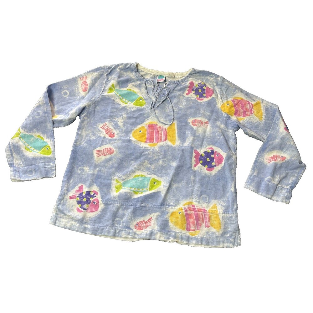 WEK Womens Vintage Shirt Womens Large Fish Pattern Blue Long Sleeve